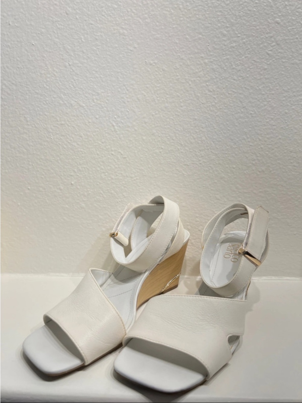 Franco Sarto White Leather Wedge Sandals with Gold Accent